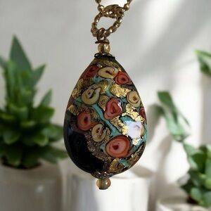 Vintage Murano Glass Millefiori Egg Pendant Necklace